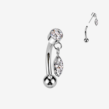 Implant Grade Titanium OneFit Threadless Gem Sparkle Marquise Dangle Top Curved Barbell-Clear Gem